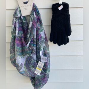 New Van Heusen Infinity Scarf & Sonoma Thick Furry Black Gloves Set